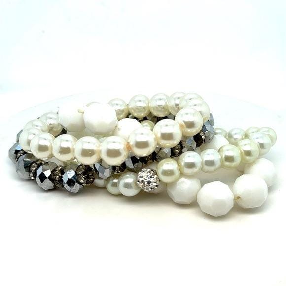 Pearl & Hematite Beaded Stretch Bracelet Set - White (d)