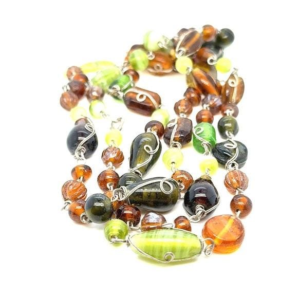Green and Amber Glass Bead Necklace - Women Jewelry (n3)
