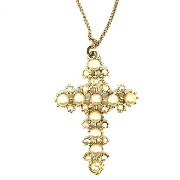 Gold Pearl Cross Pendant Necklace - Women Jewelry (n3)