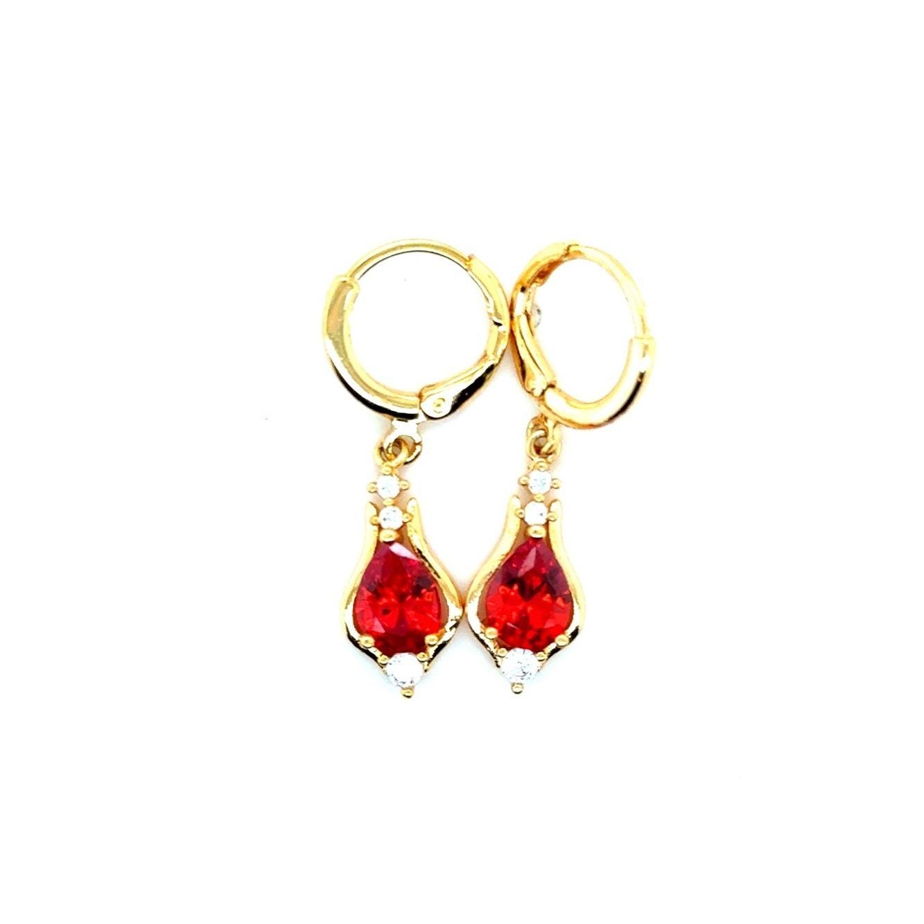 Gold Tone Red Teardrop Dangle Earrings