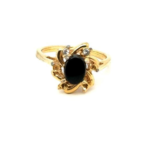 Gold Tone Black Stone Floral Ring - Women Jewelry