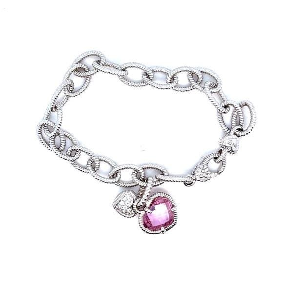 Judith Ripka Silver Link Bracelet with Pink Heart Charm