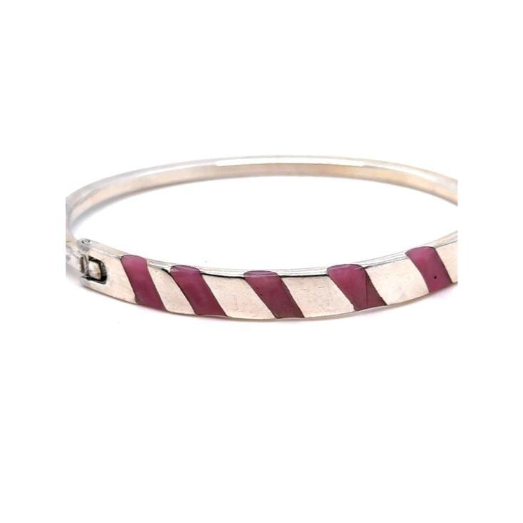Silver Color Bangle with Pink Enamel Inlay