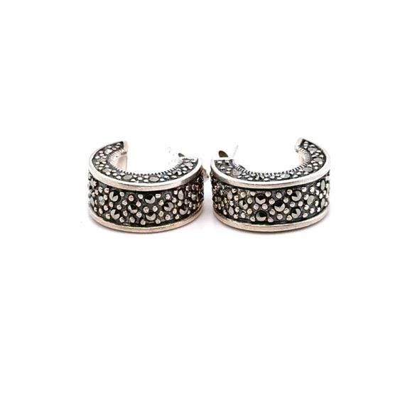 Sterling Silver 925 Marcasite Hoop Earrings - Black and Silver