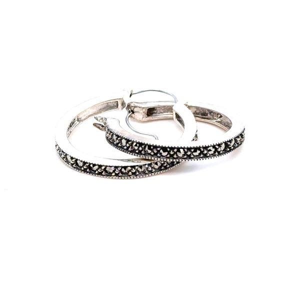 Sterling Silver 925 Marcasite Hoop Earrings - Silver