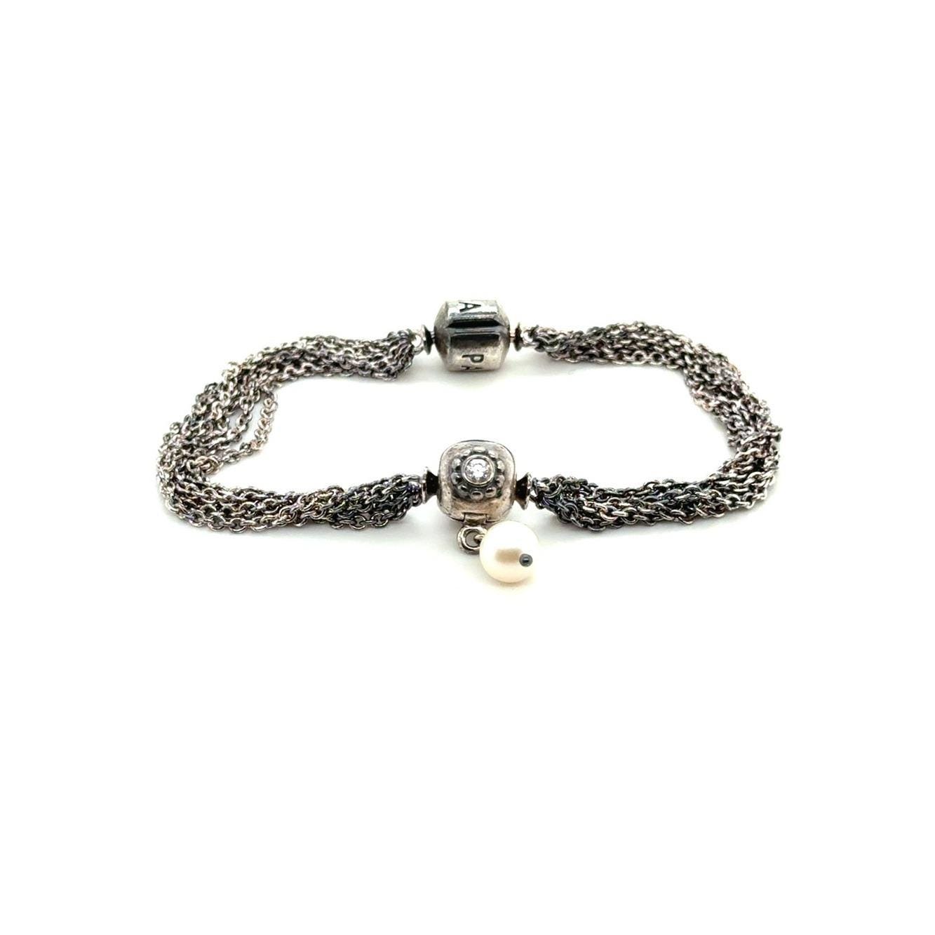 Pandora Silver Multi-Strand Chain Bracelet with Pearl Charm