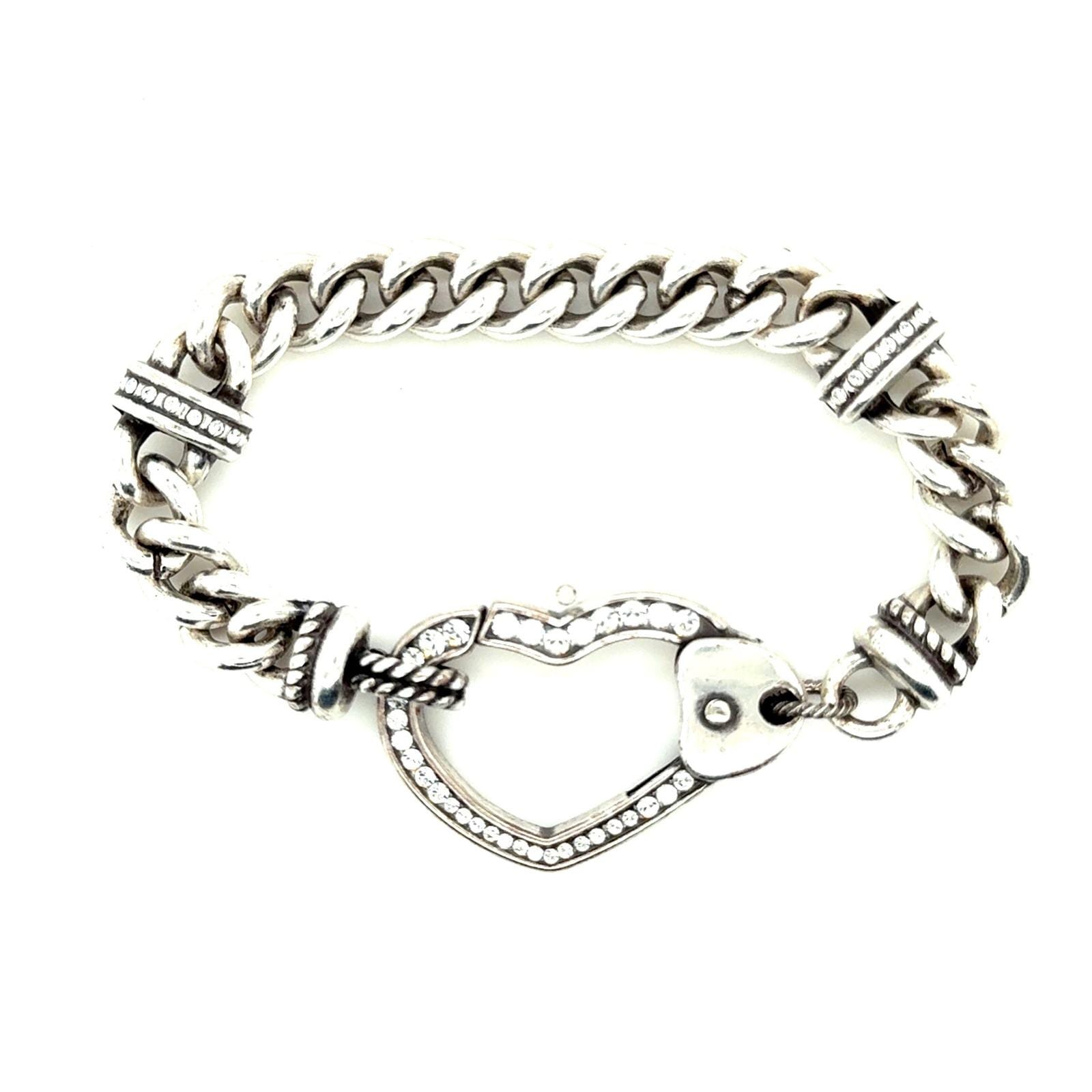 Brighton Silver Tone Chunky Curb Chain Heart Clasp Crystal Bracelet