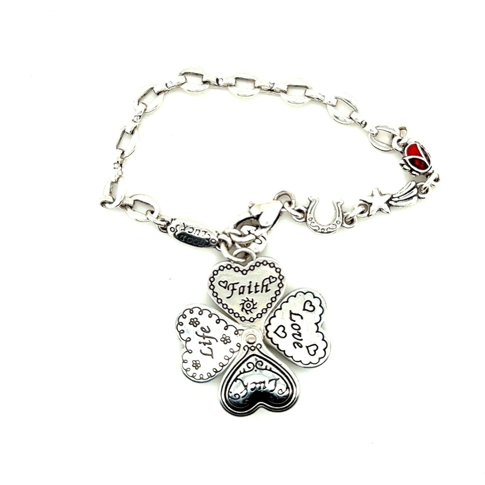Brighton Silver Tone Faith Love Life Luck Folding Clover Heart Charm Bracelet