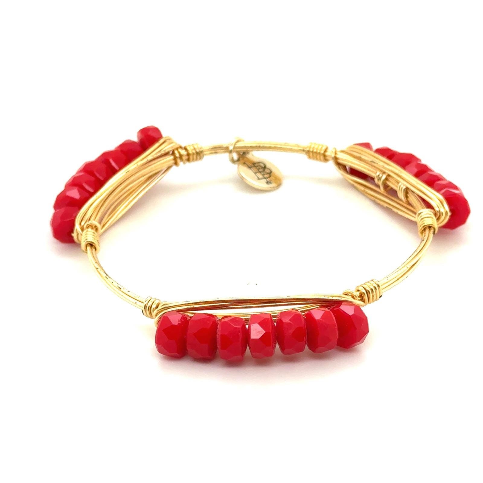 Bourbon and Boweties Red Faceted Bead Gold Wire Wrapped Bangle Bracelet 7.5in
