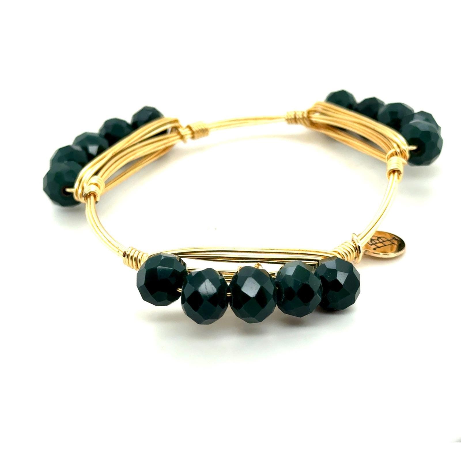 Bourbon and Boweties Emerald Green Faceted Bead Gold Tone Wire Wrapped Bangle