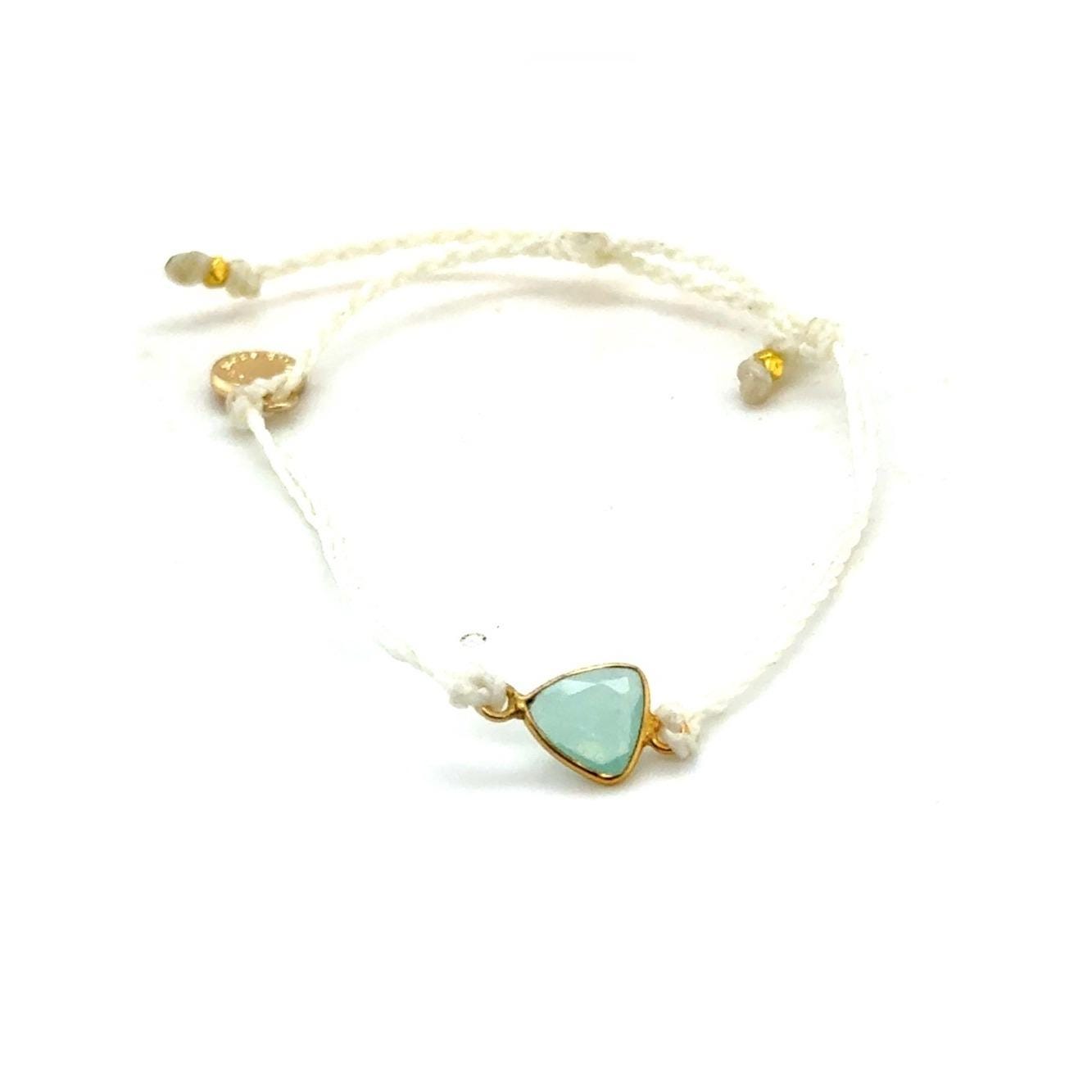 Pura Vida White Cord Bracelet with Aqua Triangle Stone and Gold Trim