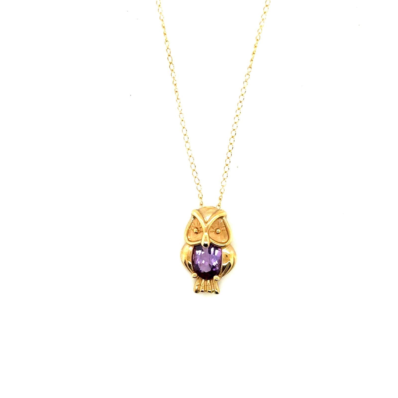 10k Yellow Gold Owl Pendant Necklace Amethyst Stone 18 Inch Chain 1.6g