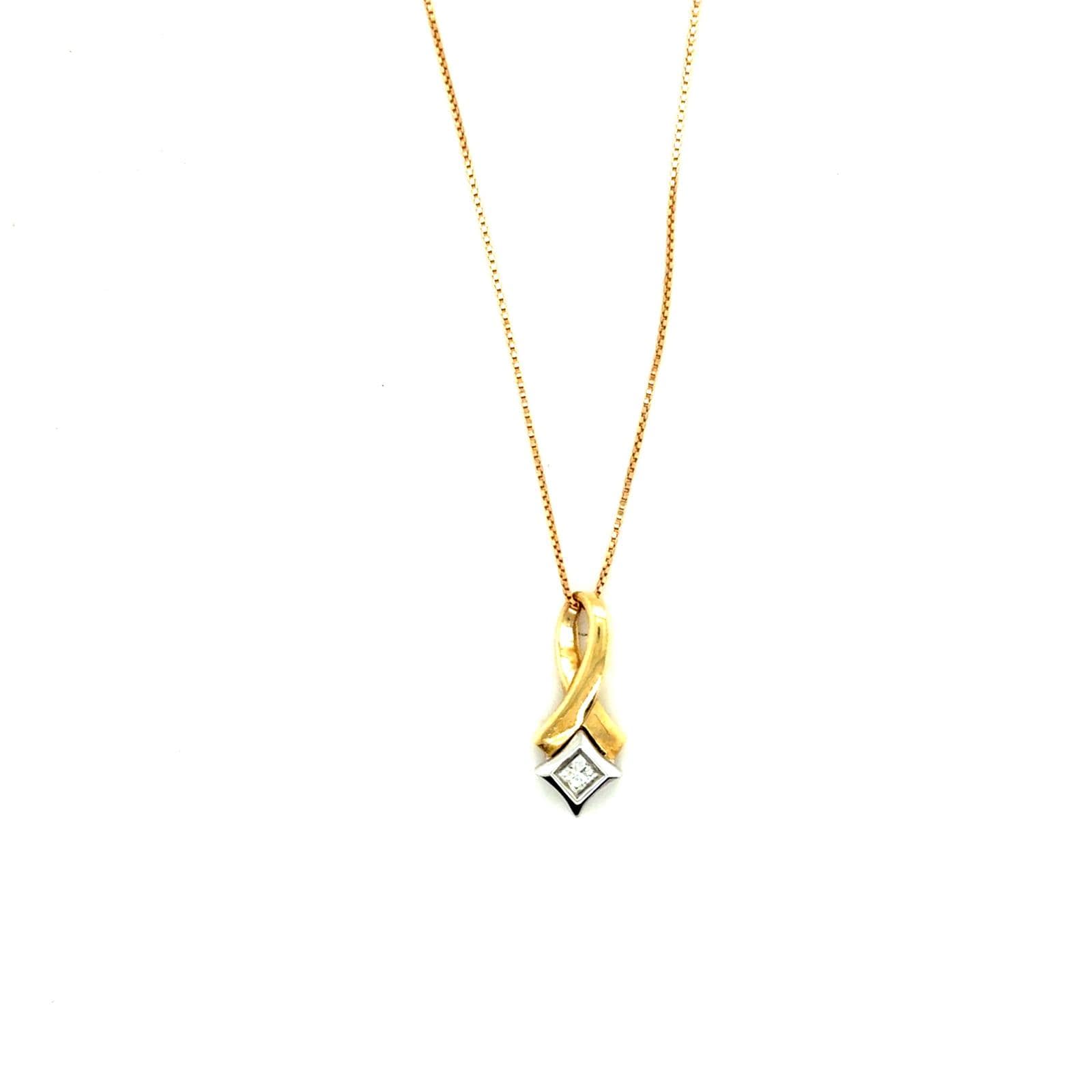 10k Yellow Gold Ribbon Pendant Necklace Princess Cut Diamond Accent 18" Chain