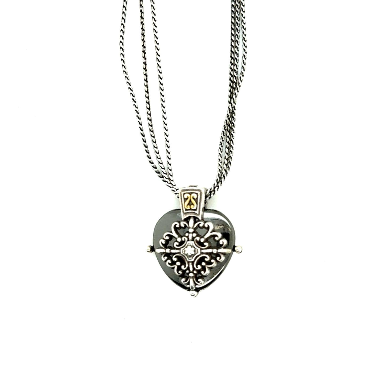 Brighton Reversible Heart Pendant Necklace Silver Tone Hematite Multi Strand