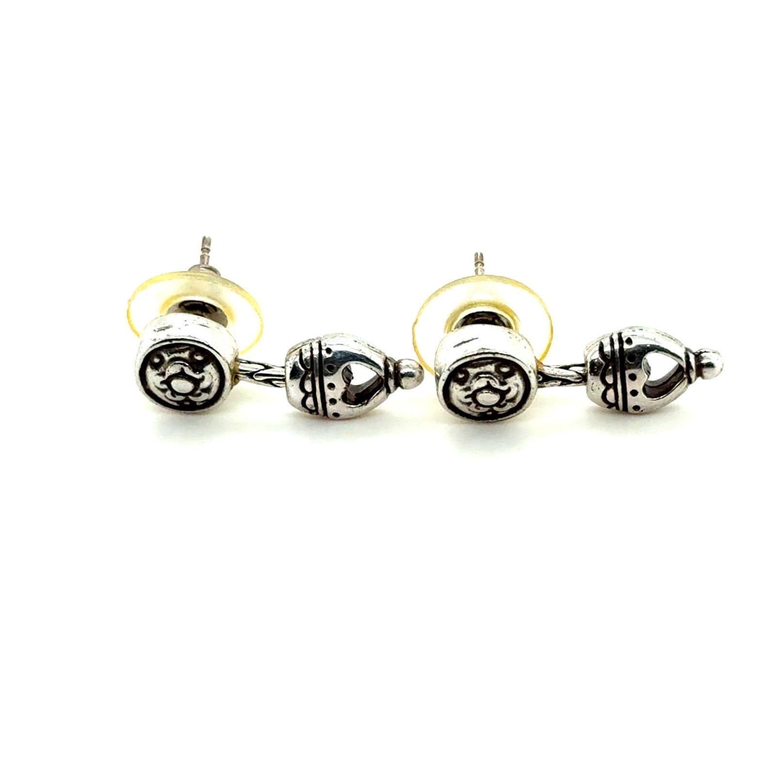 Brighton Silver Tone Heart Cutout Bell Drop Earrings Post Back Scroll Detail