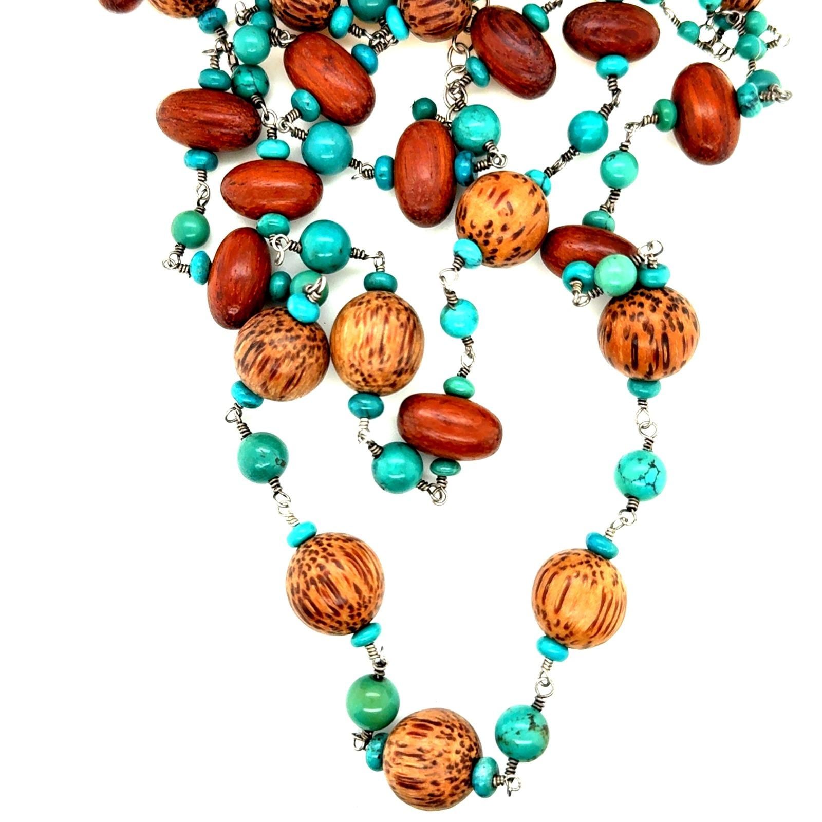Sterling Silver Multi Strand Turquoise and Wood Bead Layered Necklace 15.5-18in
