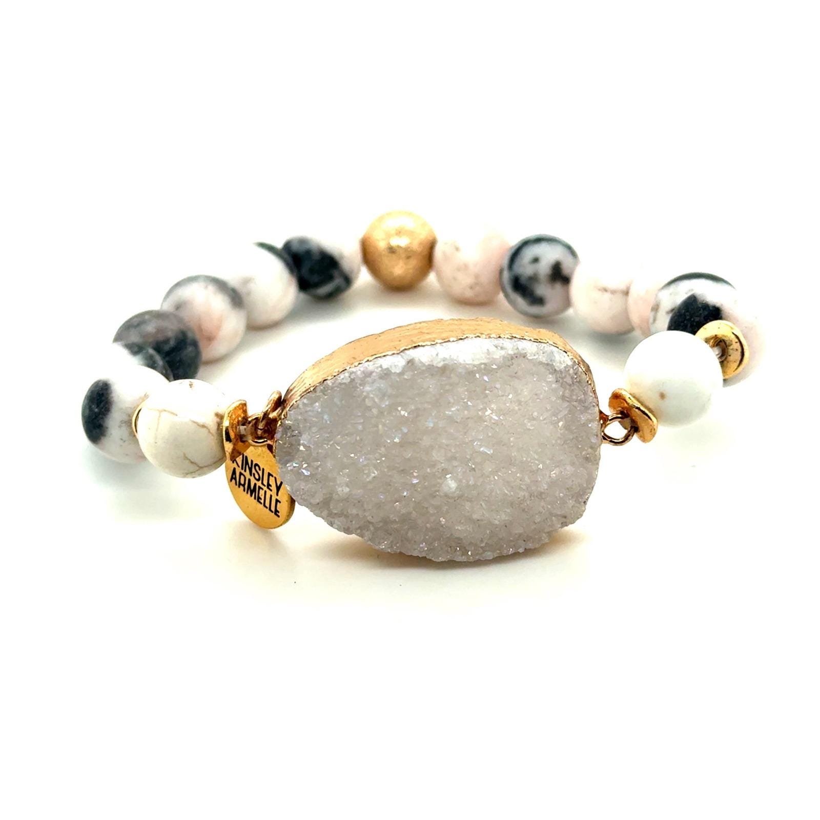 Kinsley Armelle White Druzy Quartz Gold Beaded Stretch Bracelet Marble Stone