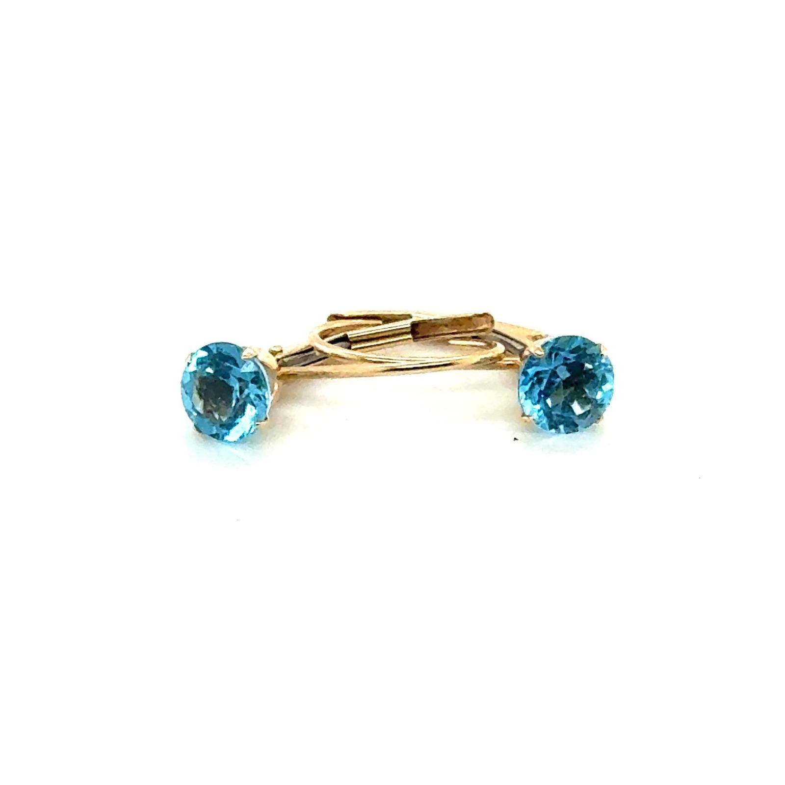 10k Yellow Gold Blue Topaz Leverback Earrings Round Cut Gemstone Drop