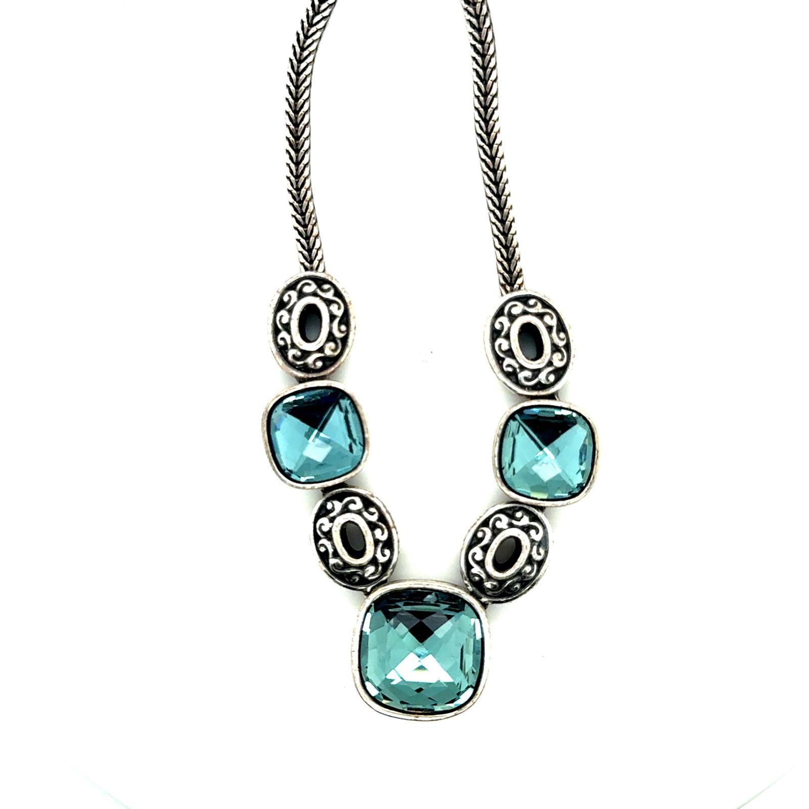 Brighton Aqua Blue Crystal Silver Tone Statement Necklace Wheat Chain Adjustable