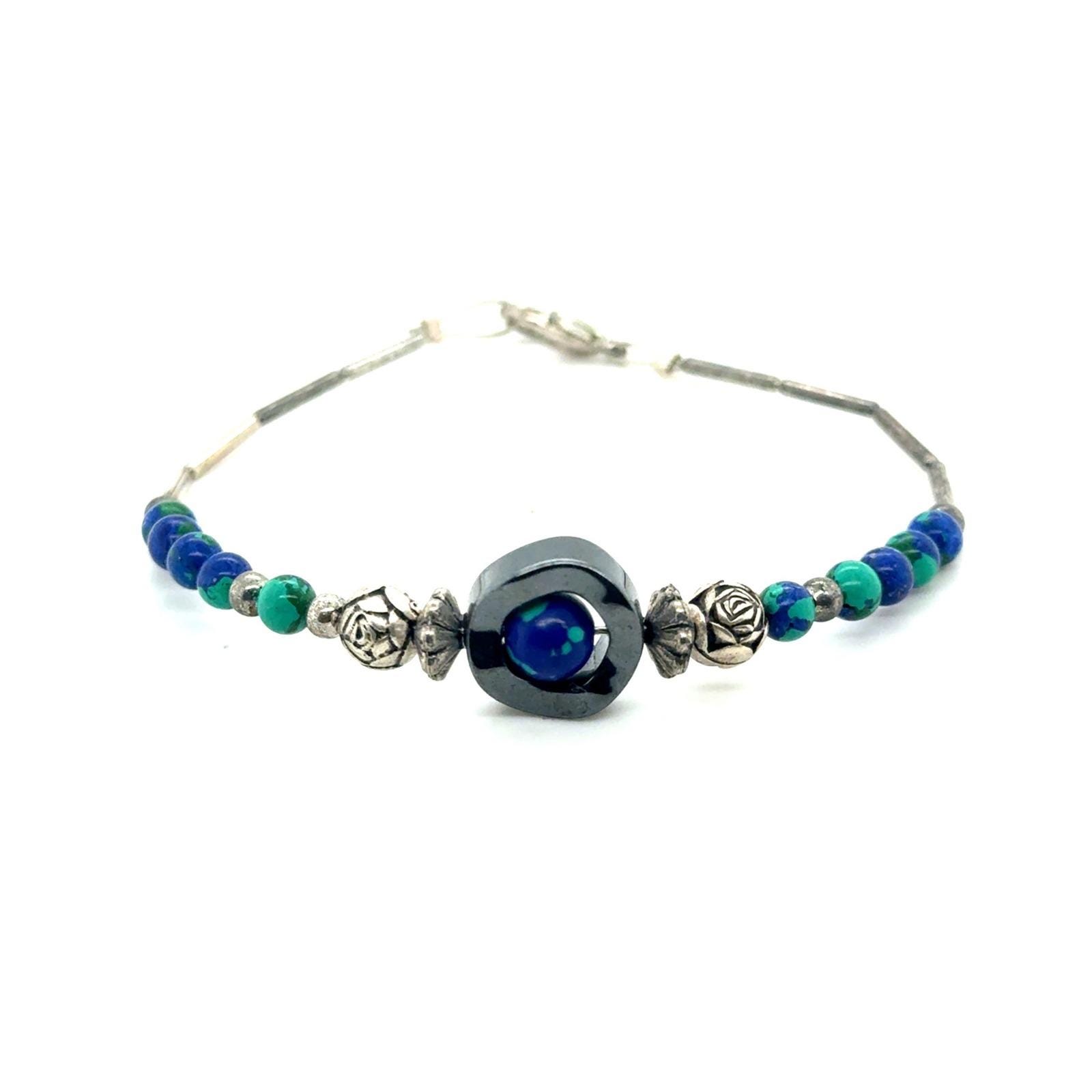 Azurite Malachite Hematite Beaded Bracelet Silver Rose Accents 7.25 Inch (E5)