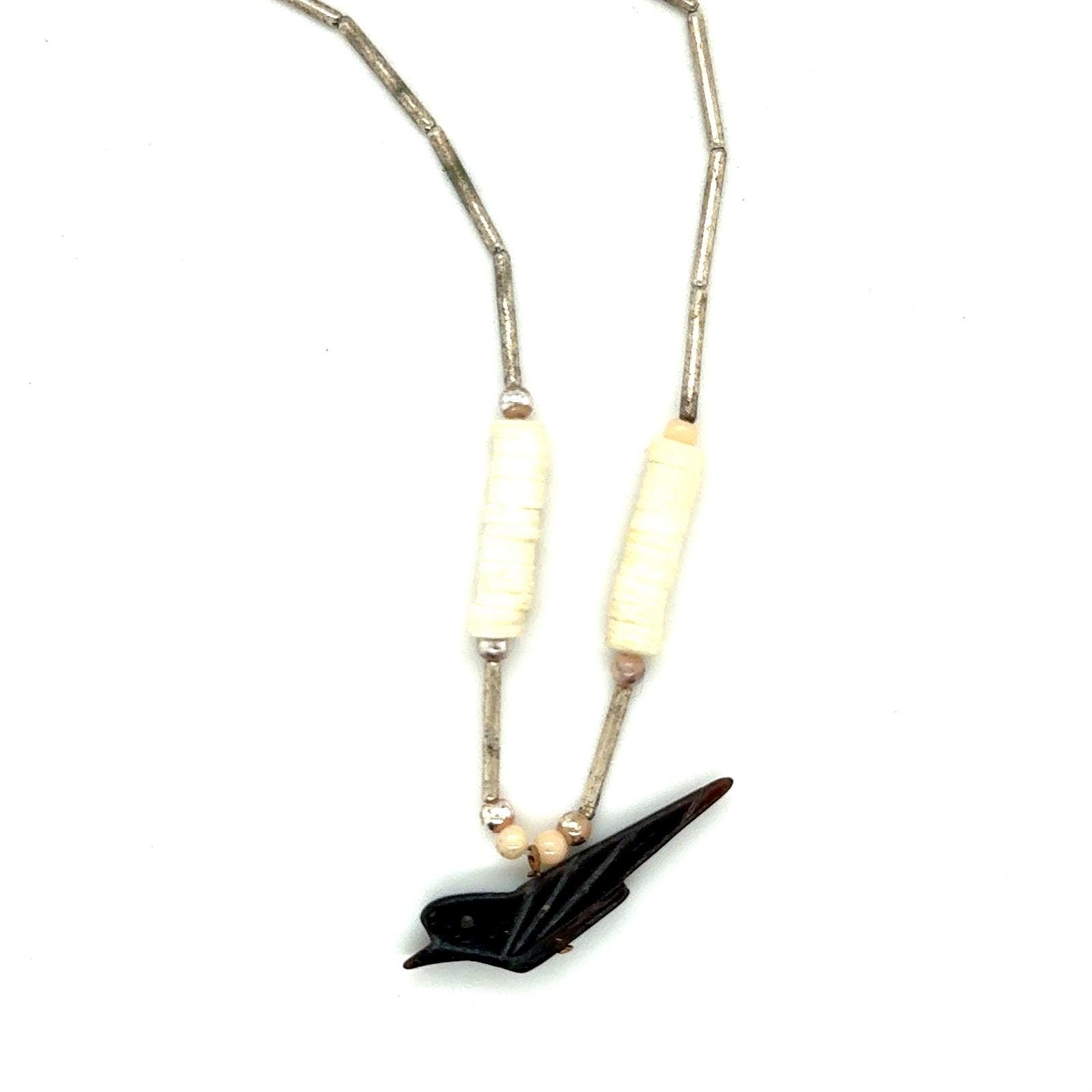Liquid Silvertone Bird Fetish Necklace Heishi Shell Hand Carved 15.5"