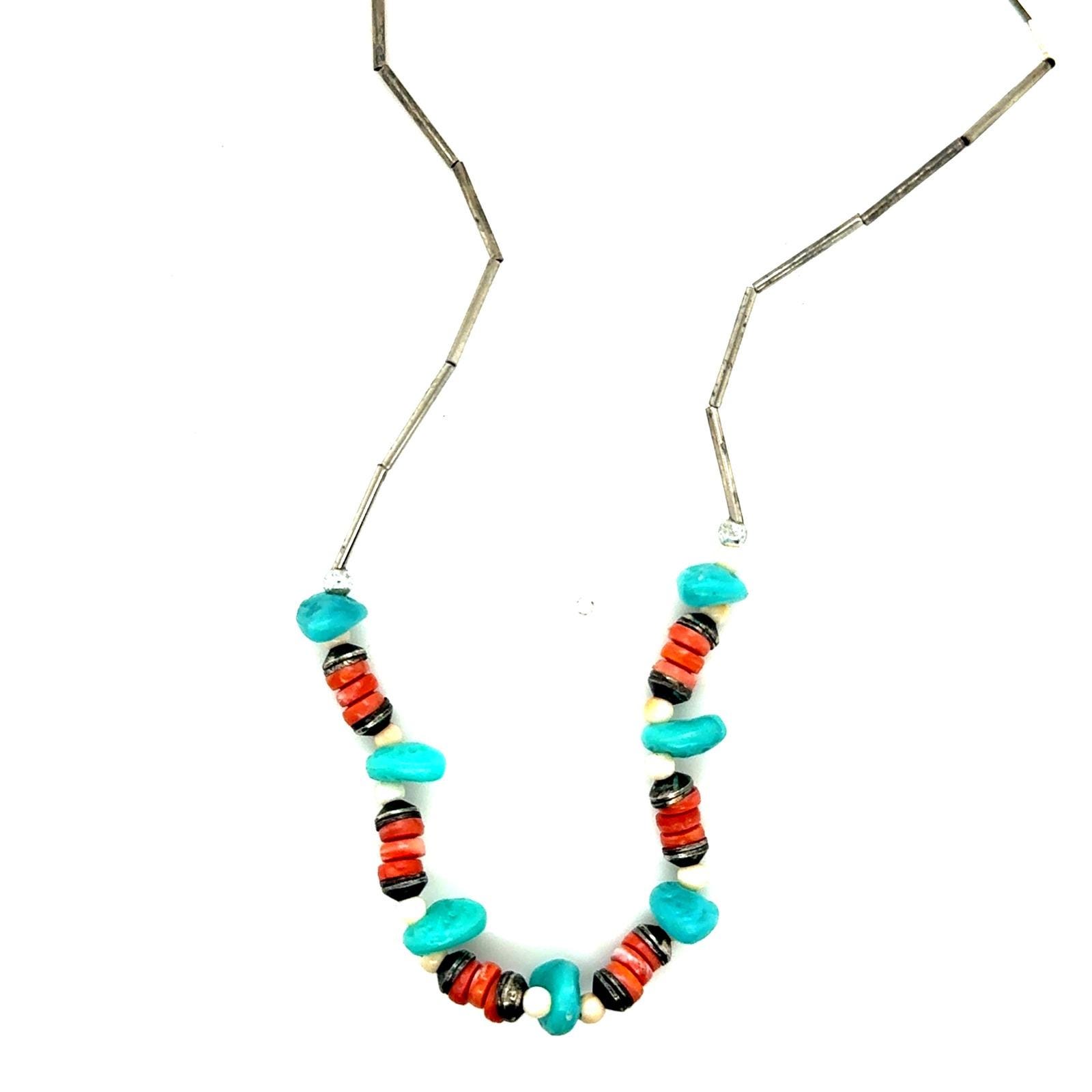 Silvertone Turquoise Coral Heishi Bead Necklace Barrel Clasp
