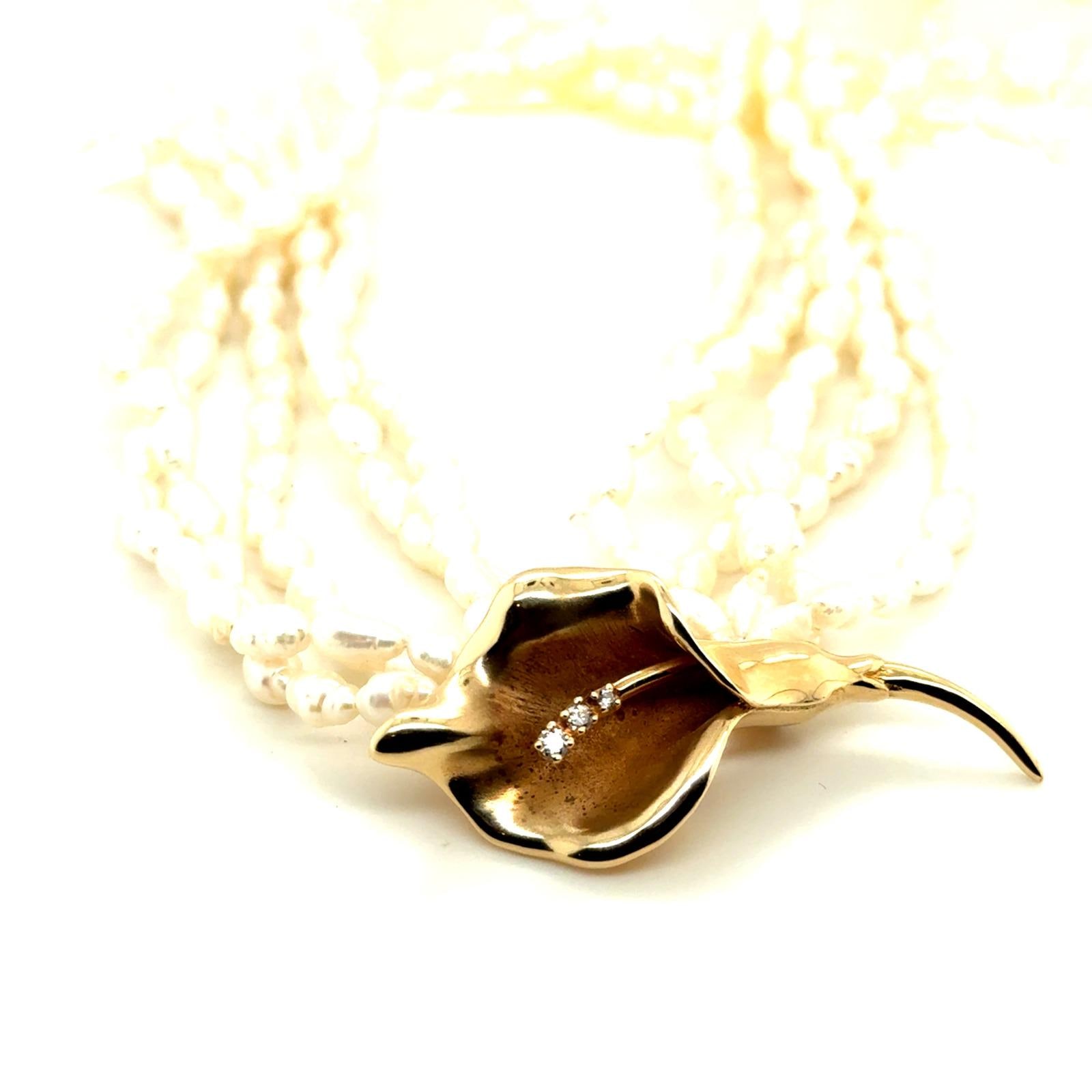 Victoria DuPont 14k Gold Diamond Calla Lily Brooch/ Pearl Necklace