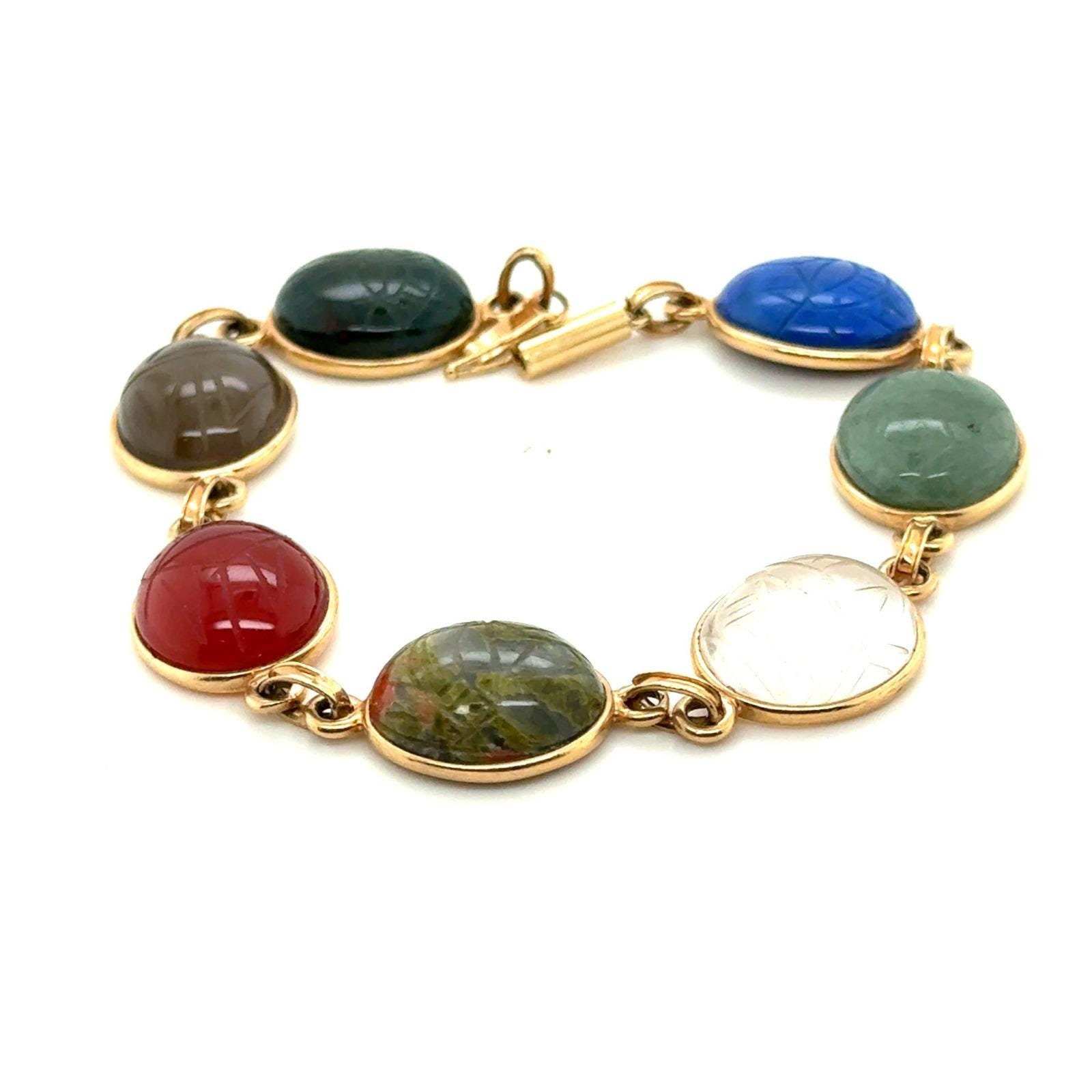 Vintage 14K Yellow Gold Multi Gemstone Scarab Link Bracelet Carved Stones 7in