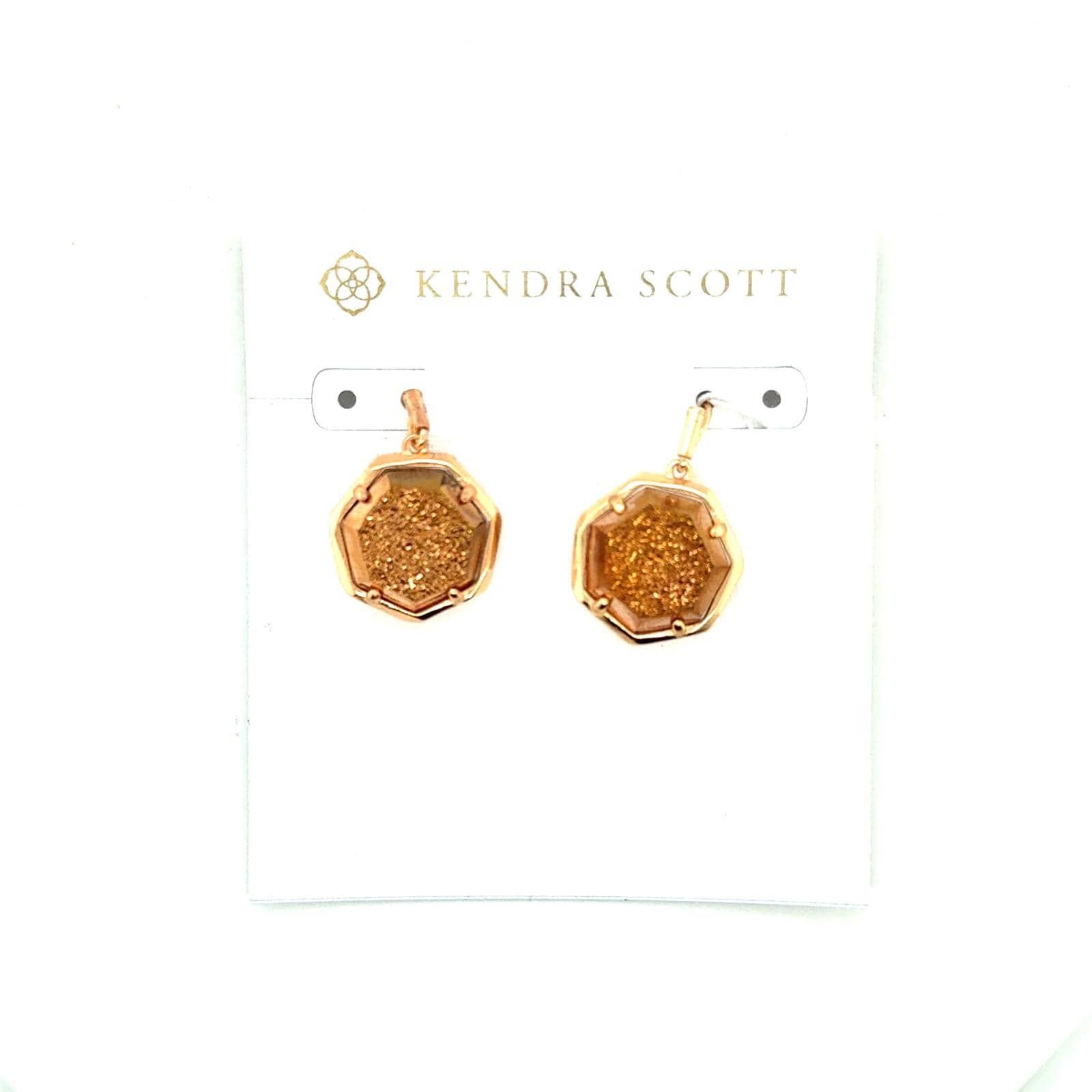 Kendra Scott Rose Gold Bronze Druzy Hexagon Drop Earrings French Wire New