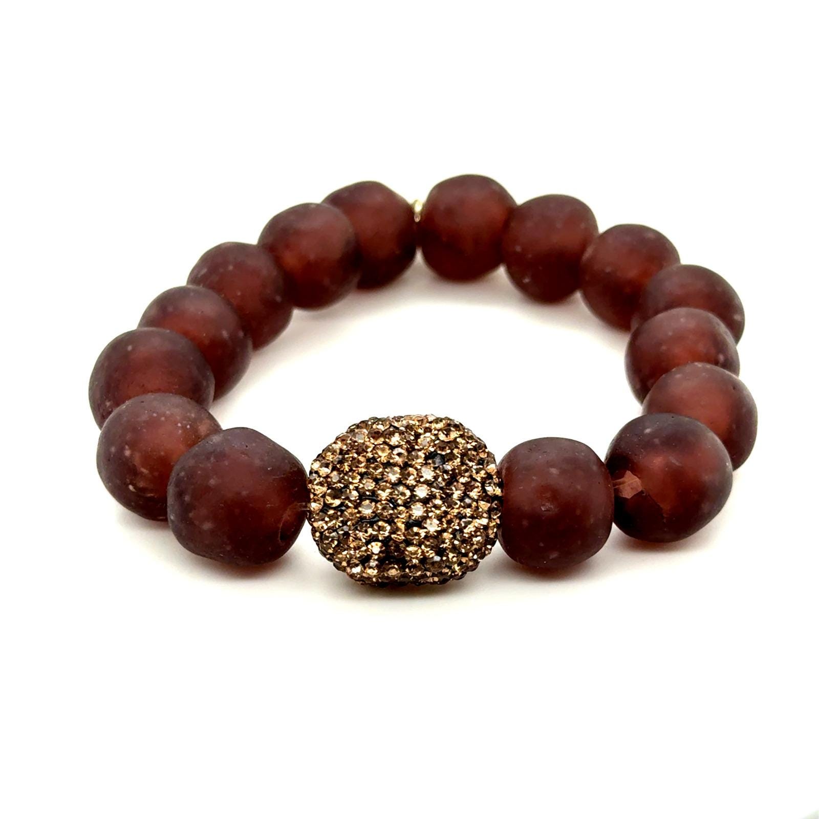 Bourbon and Boweties Frosted Plum Glass Bead Pave Crystal Stretch Bracelet