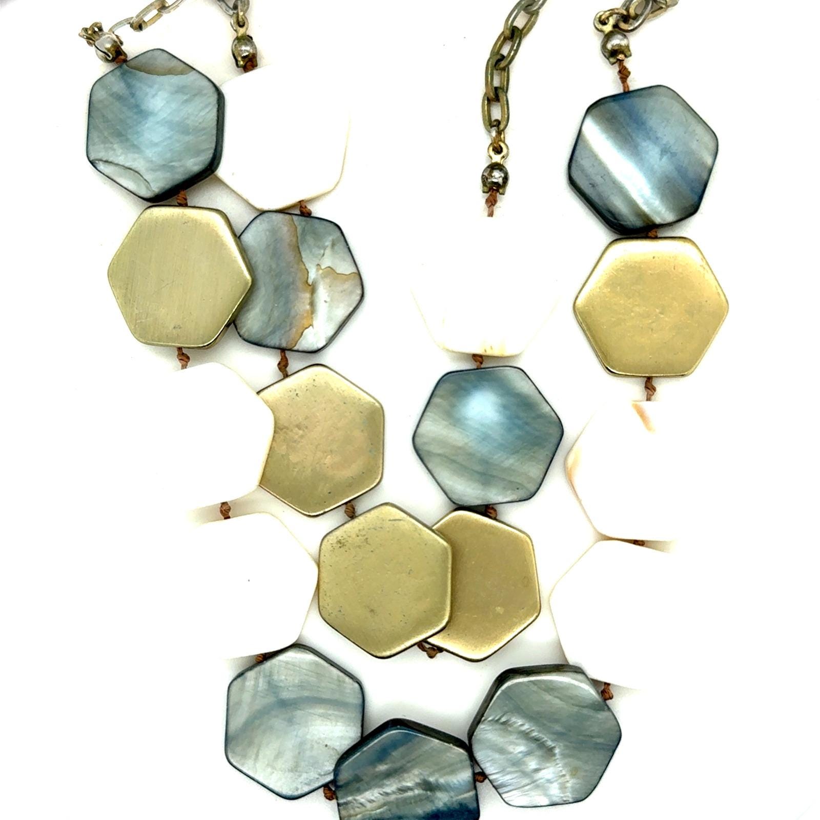 The Limited Double Strand Hexagon Statement Necklace Gold White Grey 18-20 inch