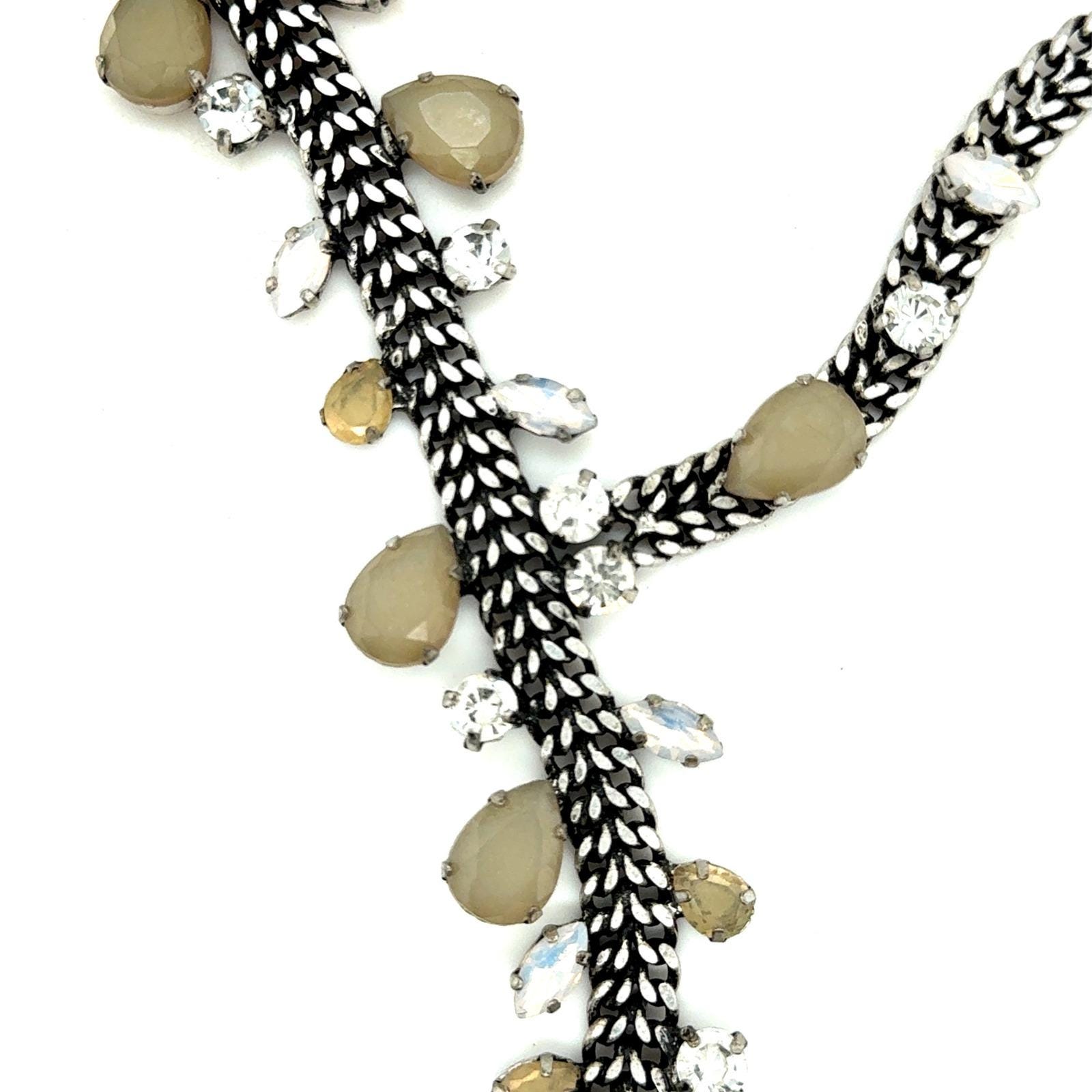 The Limited Gunmetal Y-Drop Statement Necklace Crystal Pear Opal Wheat Chain