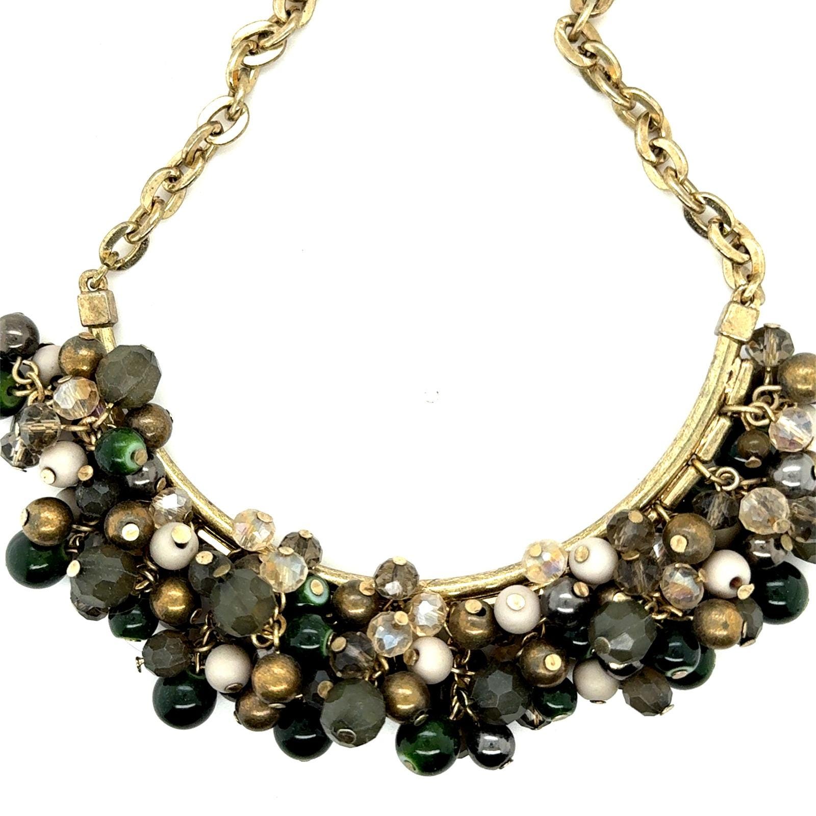 The Limited Green Grey Cream Beaded Bib Statement Necklace Gold Tone 16-18.5"