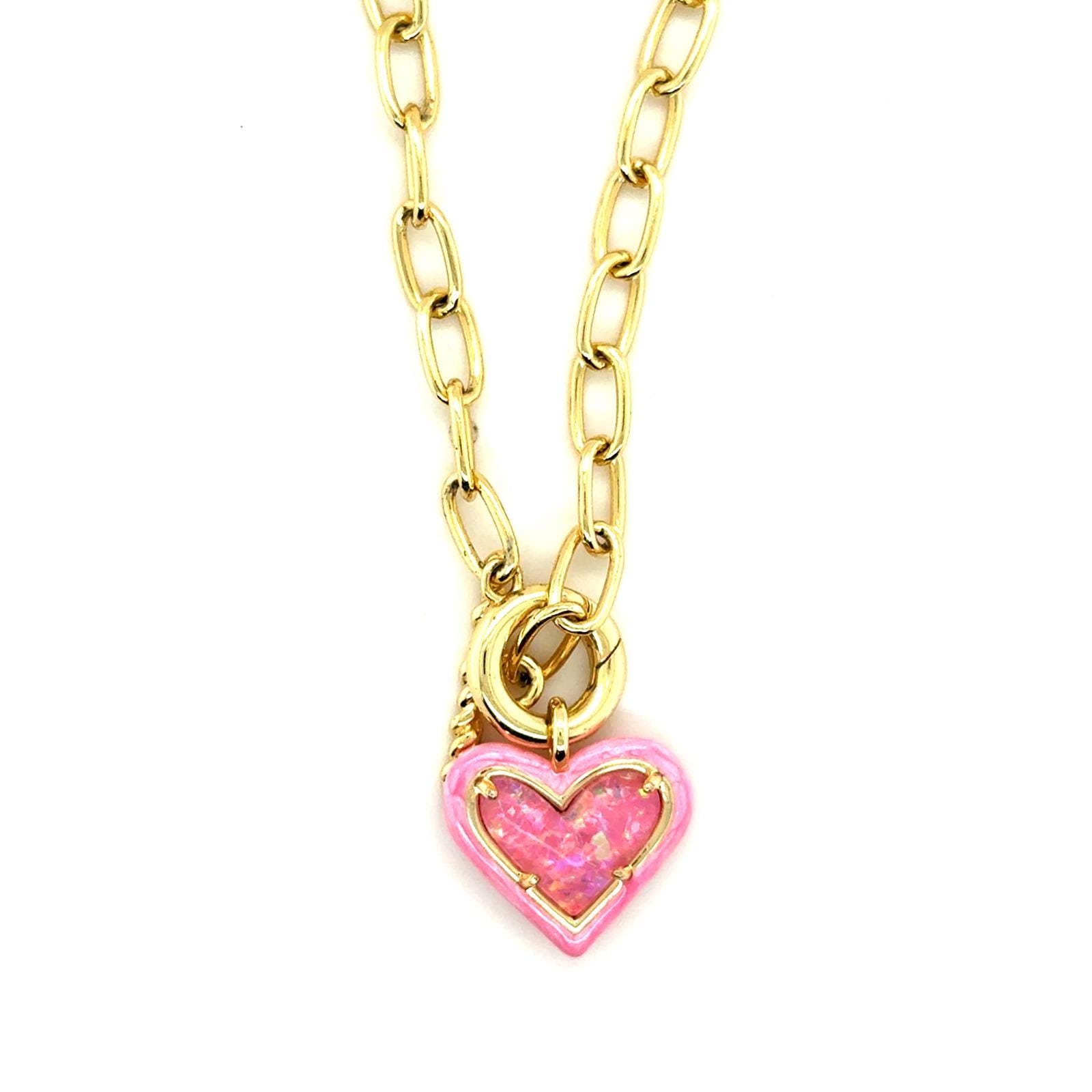 Kendra Scott Ari Heart Toggle Necklace Pink Kyocera Opal Enamel Gold Tone 18"