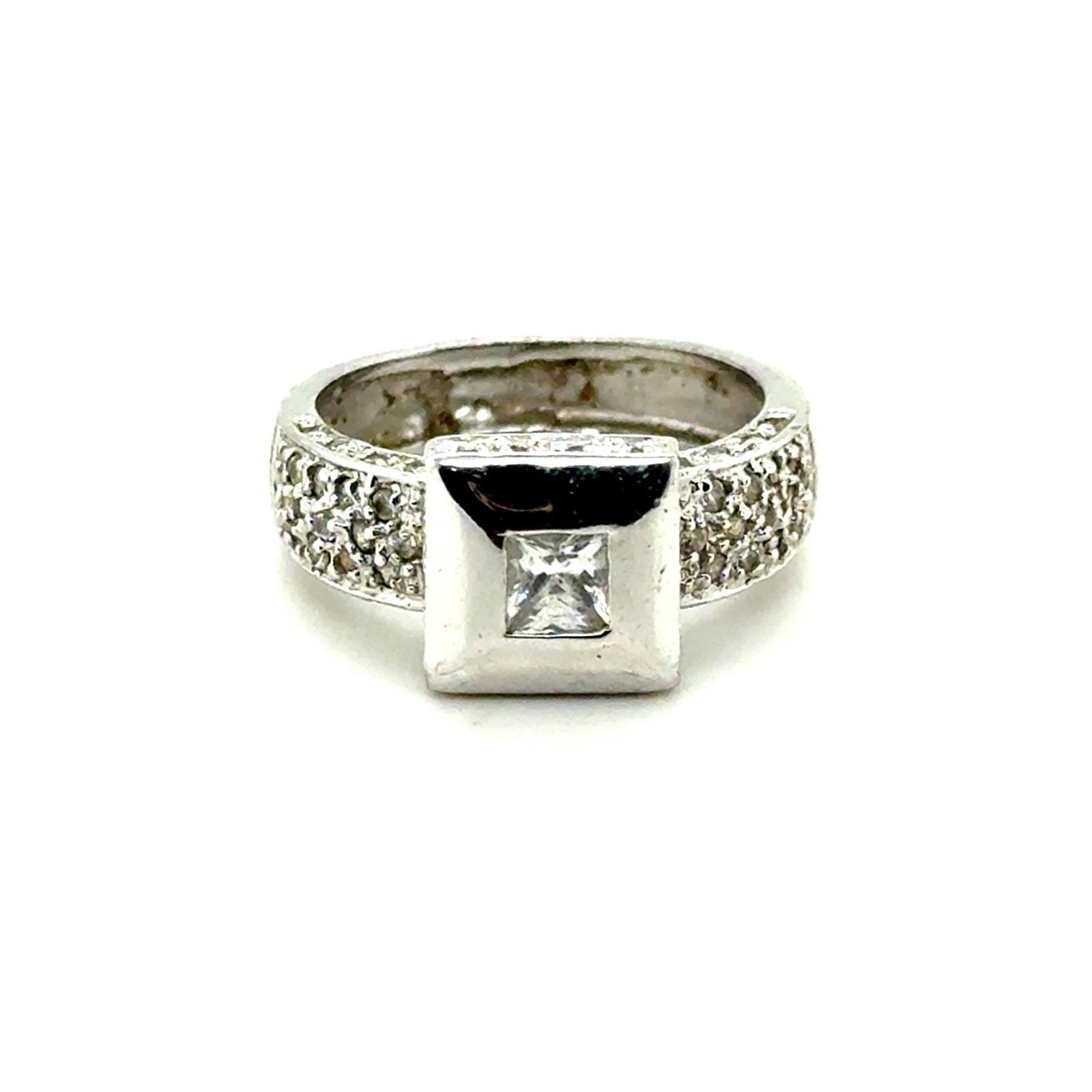 Sterling Silver 925 Princess Cut Square Bezel Pavé Accent Band Ring