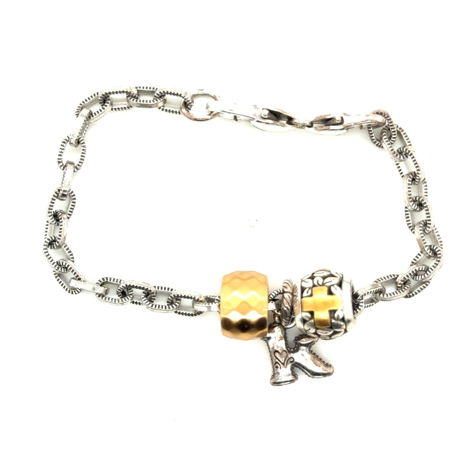 Brighton Mixed Metal Charm Bracelet Silver Gold Tone Boot Cross Charm 8 Inch