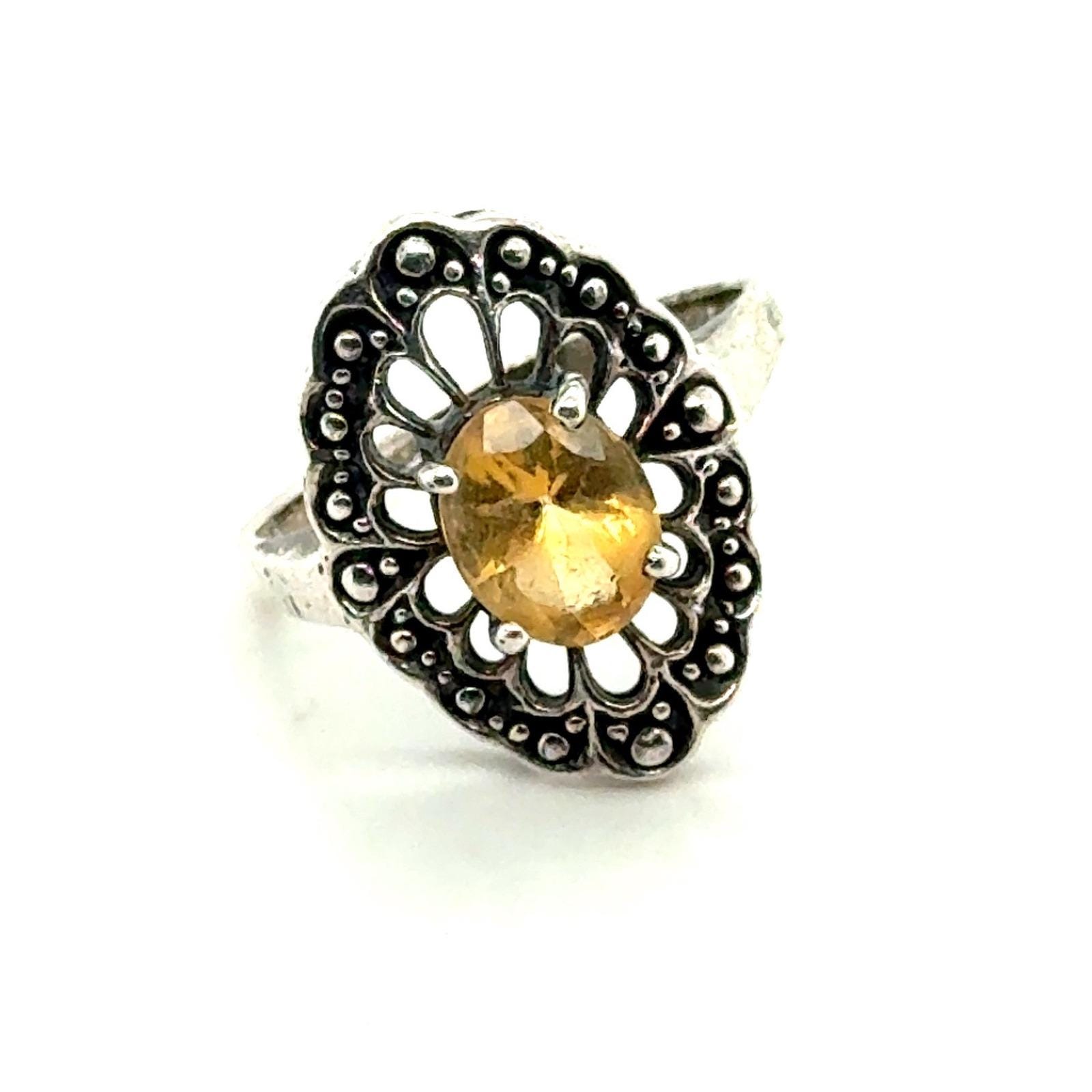 Sterling Silver Citrine Oval Gemstone Scalloped Halo Statement Ring Size 9