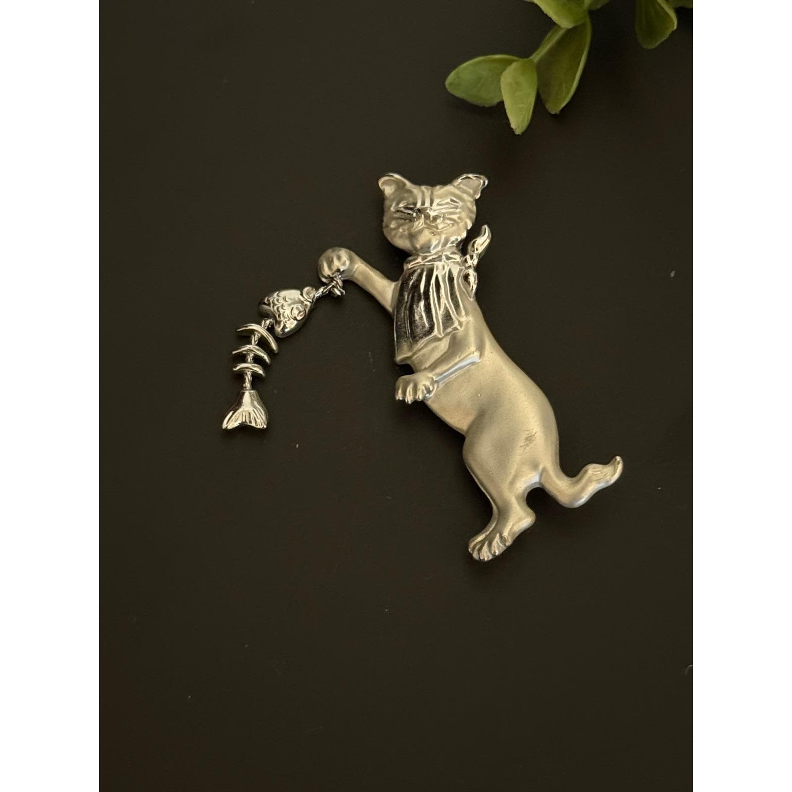 Vintage Silver Tone Cat with Dangling Fish Skeleton Brooch - AJC Signed