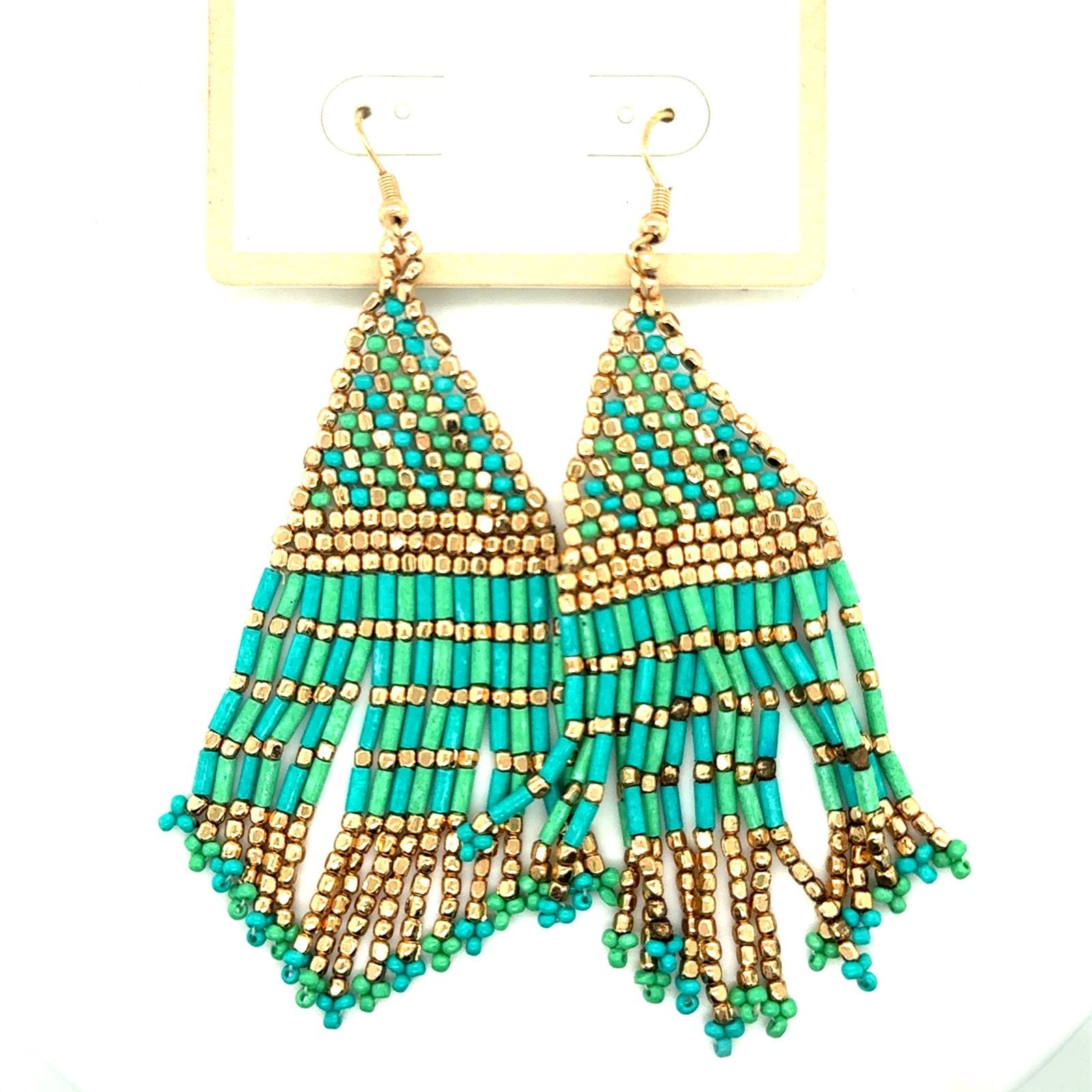 Carole Inc Turquoise Gold Beaded Fringe Drop Earrings Boho Southwestern Dangle