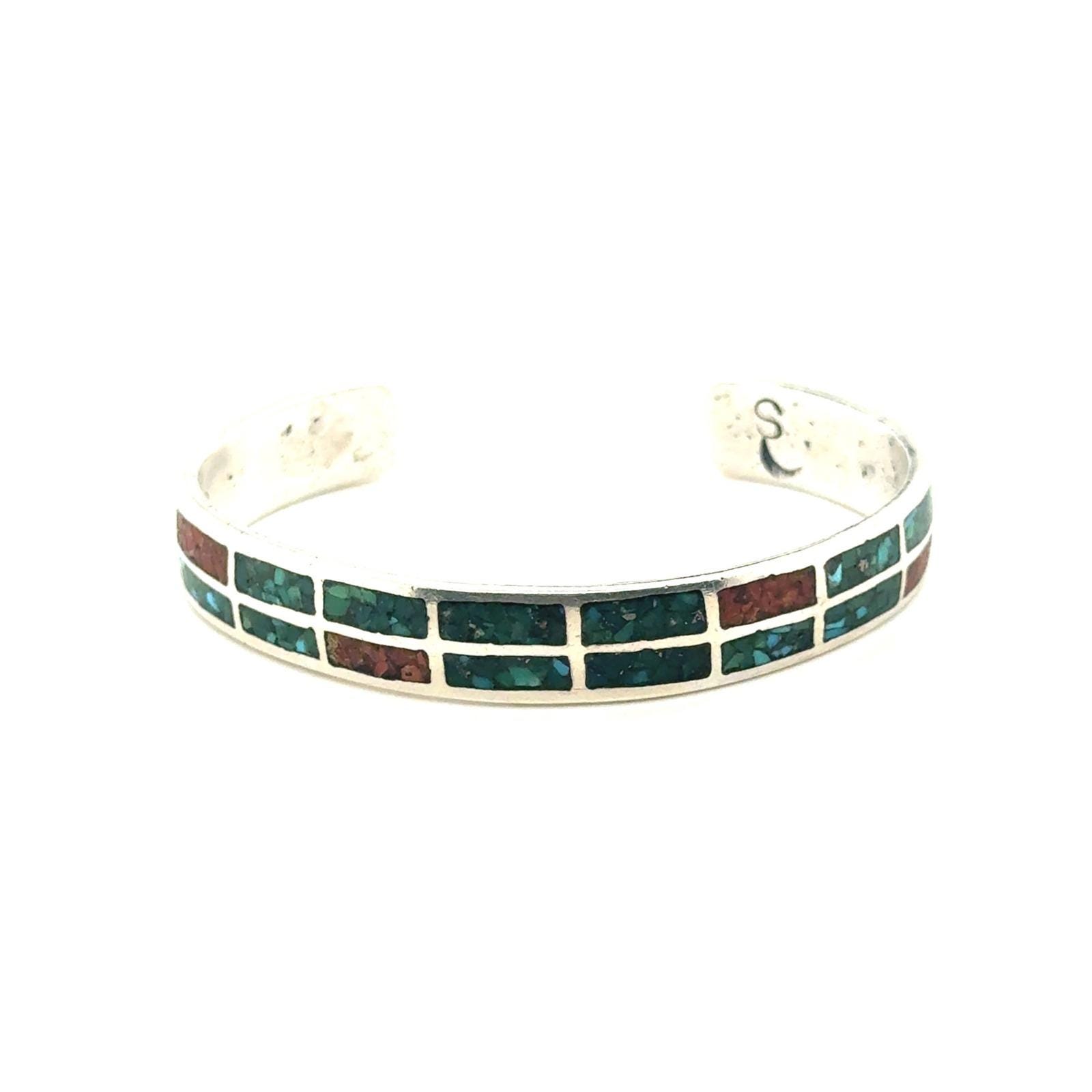 Sterling Silver Turquoise Coral Chip Inlay Cuff Bracelet Southwestern S Moon