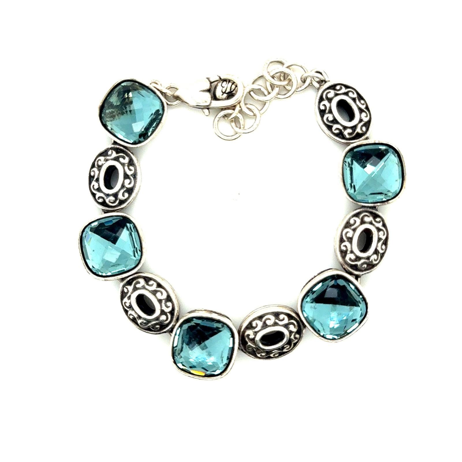 Brighton Aqua Blue Crystal Silver Tone Scroll Link Bracelet Heart Charm 7-8 inch