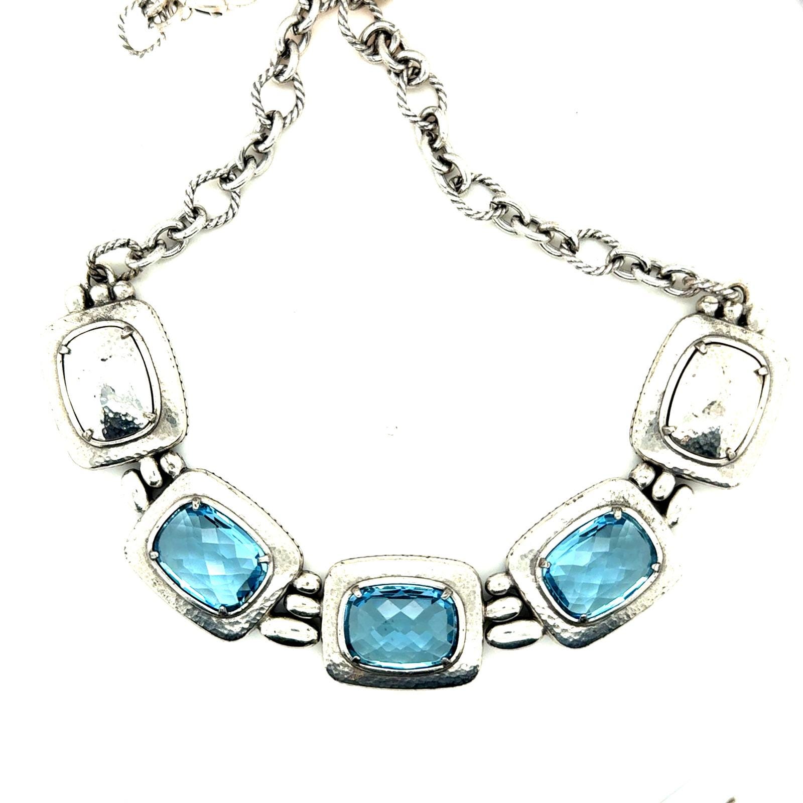 Brighton Silver Tone Blue Crystal Hammered Statement Necklace 16-19 Inch