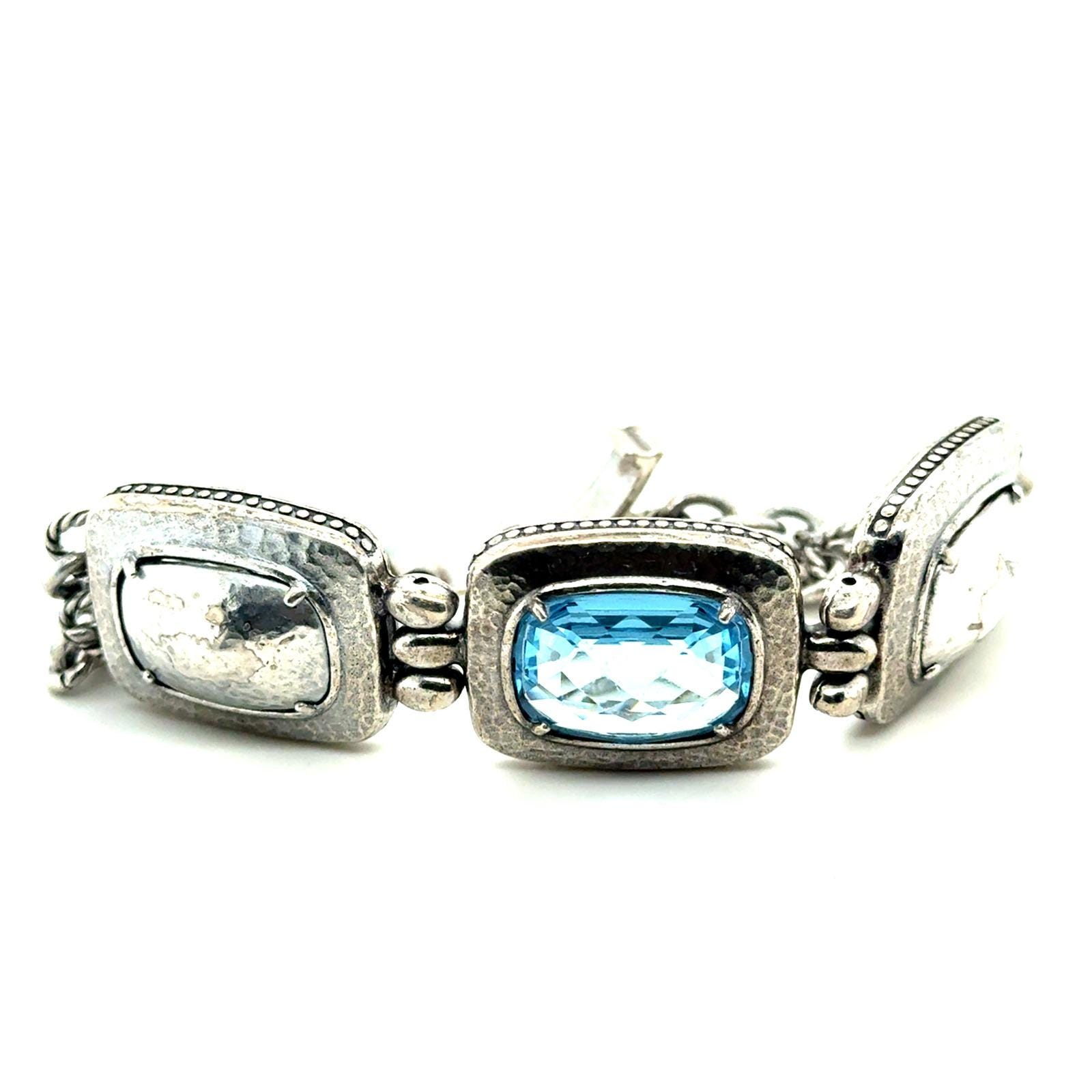 Brighton Blue Crystal Hammered Silver Tone Link Bracelet 7.5 Inch
