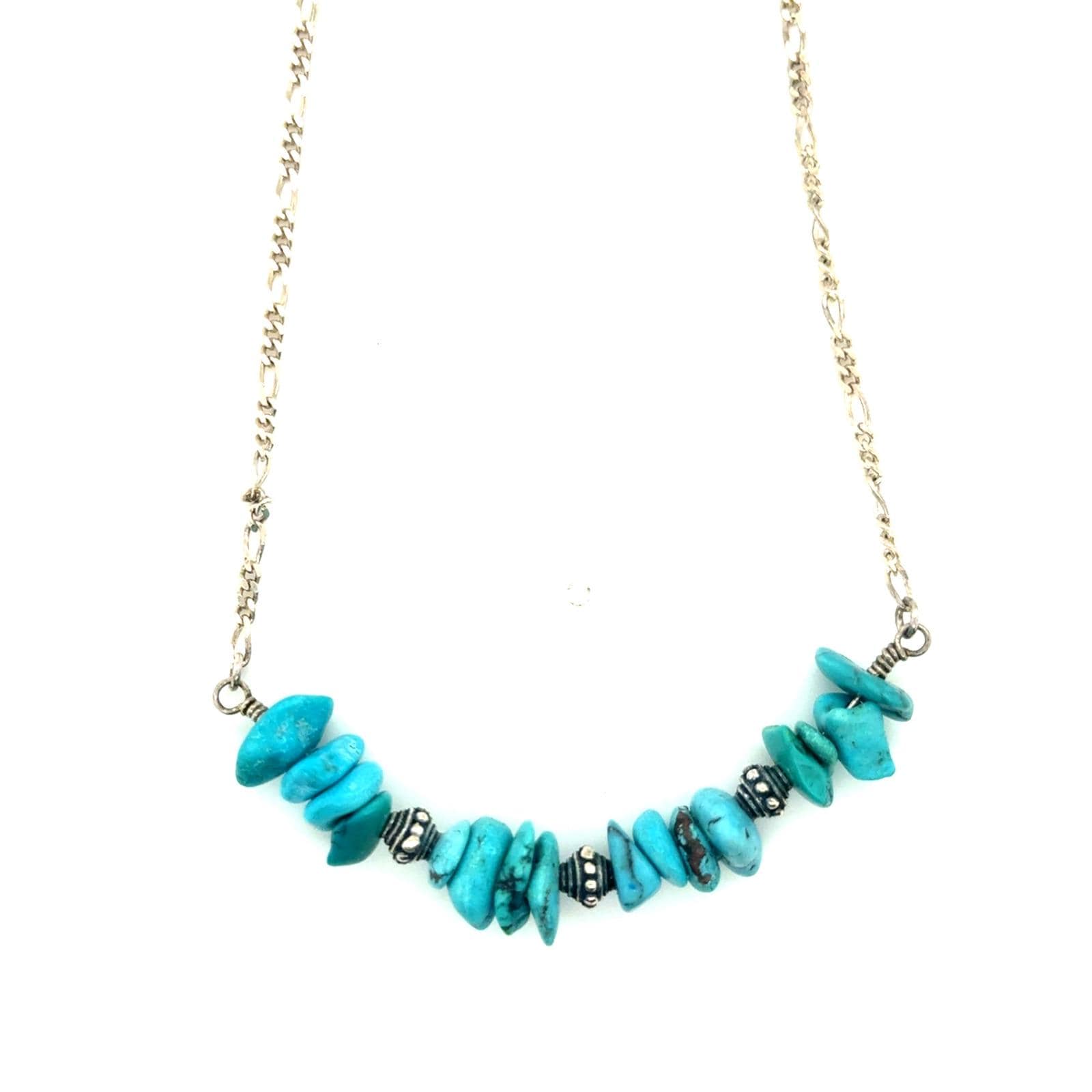 Sterling Silver Turquoise Nugget Necklace 15 Inch Figaro Chain Southwestern Boho