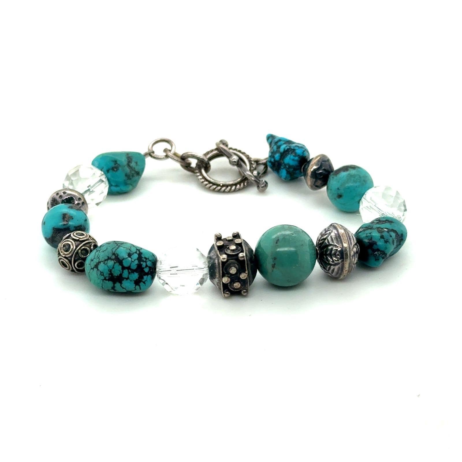 Artisan Turquoise and Clear Quartz Beaded Toggle Bracelet Southwestern Silver