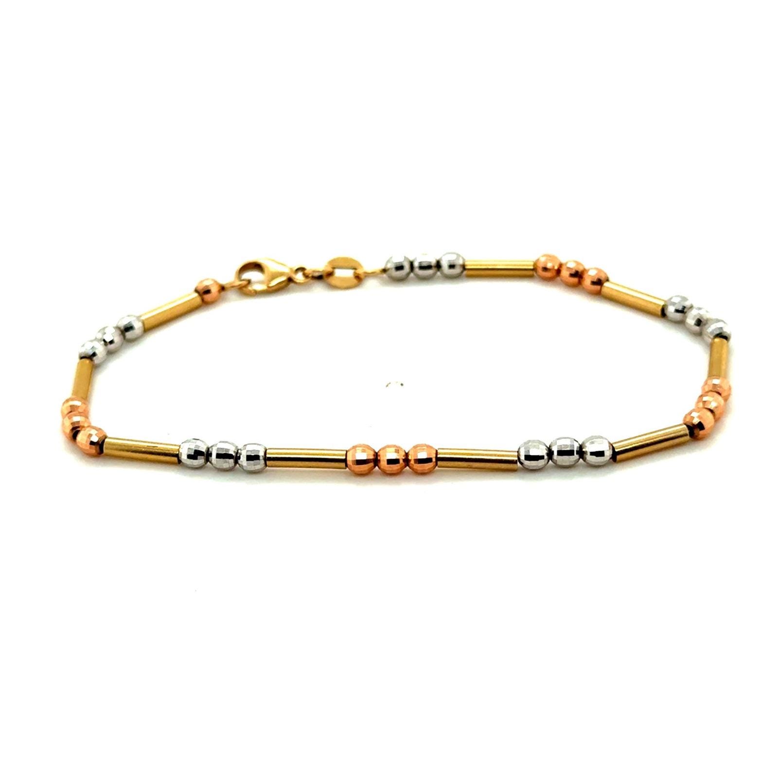 14k Tri Color Gold Bracelet 7 Inch Yellow White Rose Gold Diamond Cut Beads 4.7g