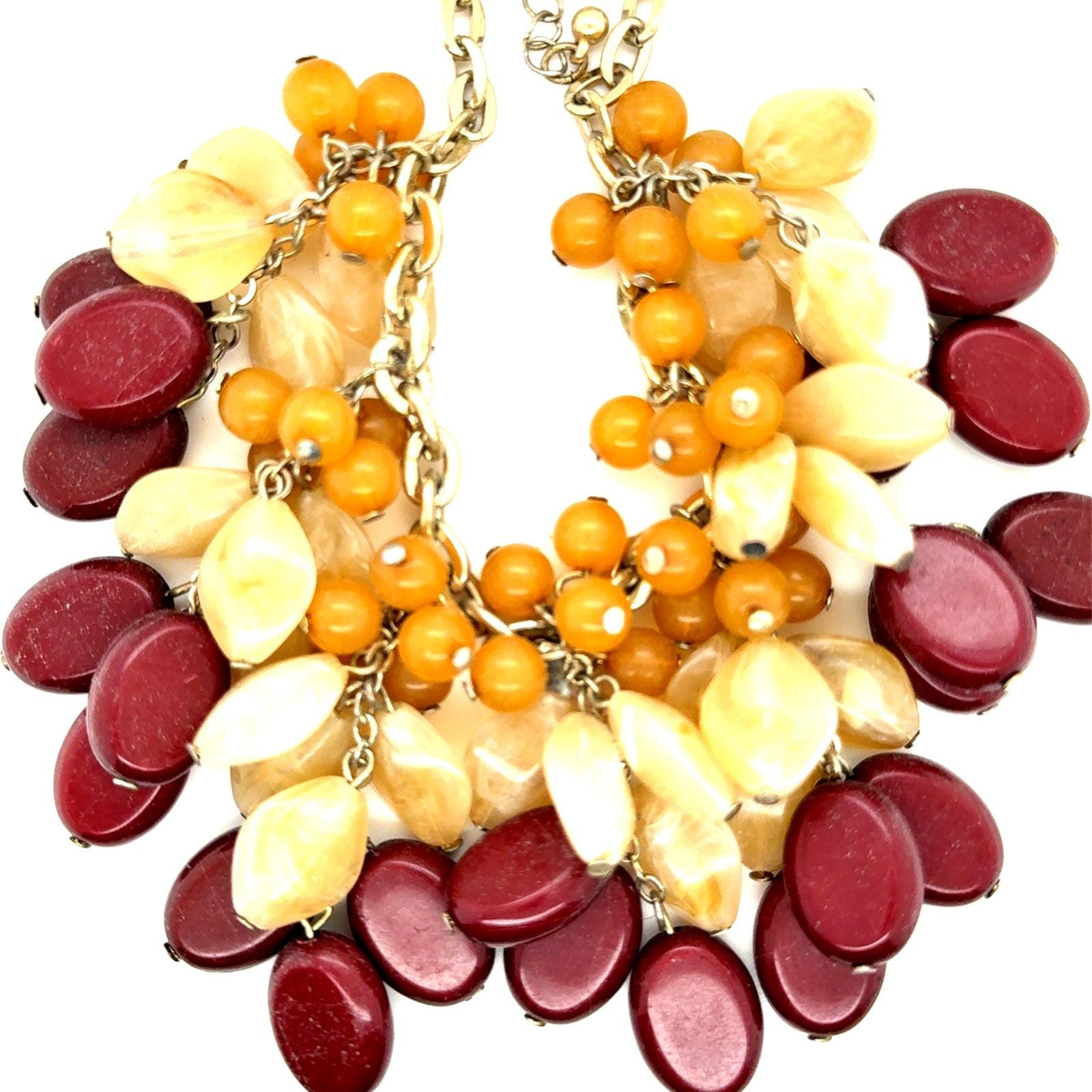 The Limited Statement Bib Necklace Burgundy Amber Cream Beaded Silver Tone Chain